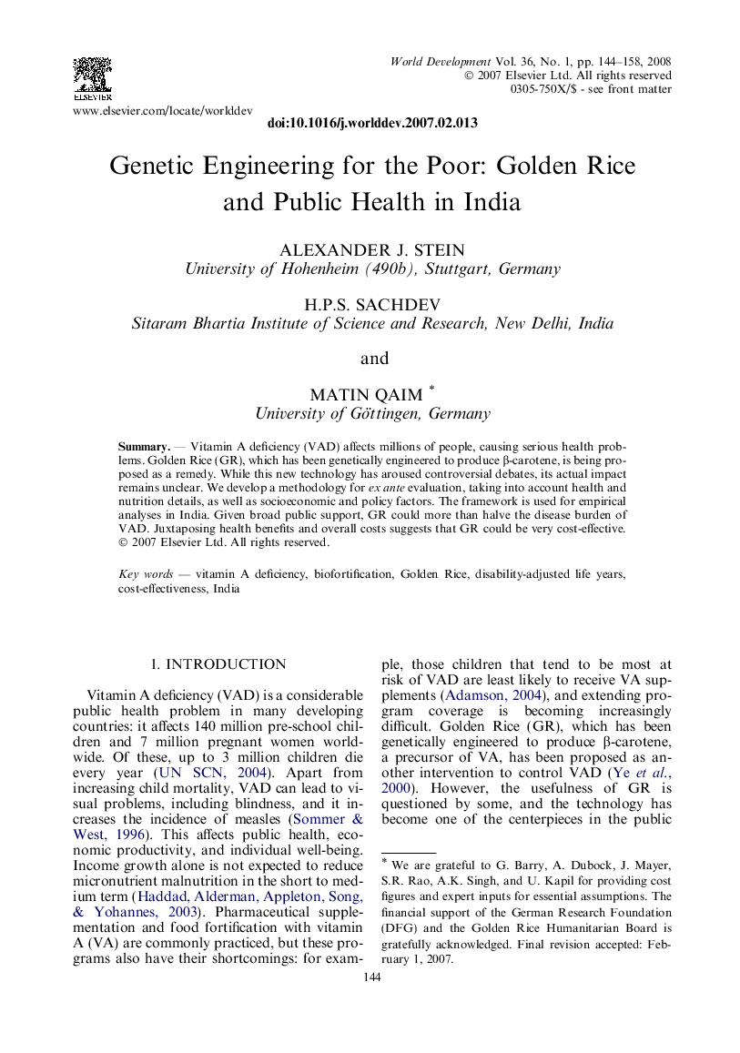 Genetic Engineering for the Poor: Golden Rice and Public Health in India