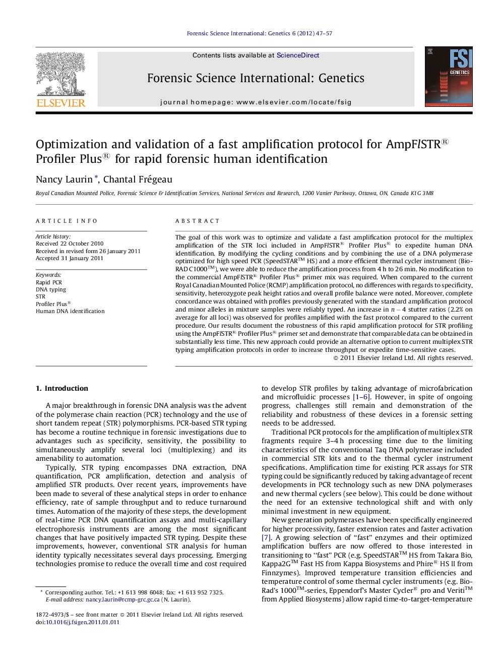 Optimization and validation of a fast amplification protocol for AmpFlSTR® Profiler Plus® for rapid forensic human identification