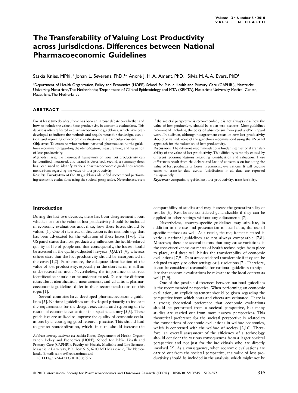 The Transferability of Valuing Lost Productivity across Jurisdictions. Differences between National Pharmacoeconomic Guidelines