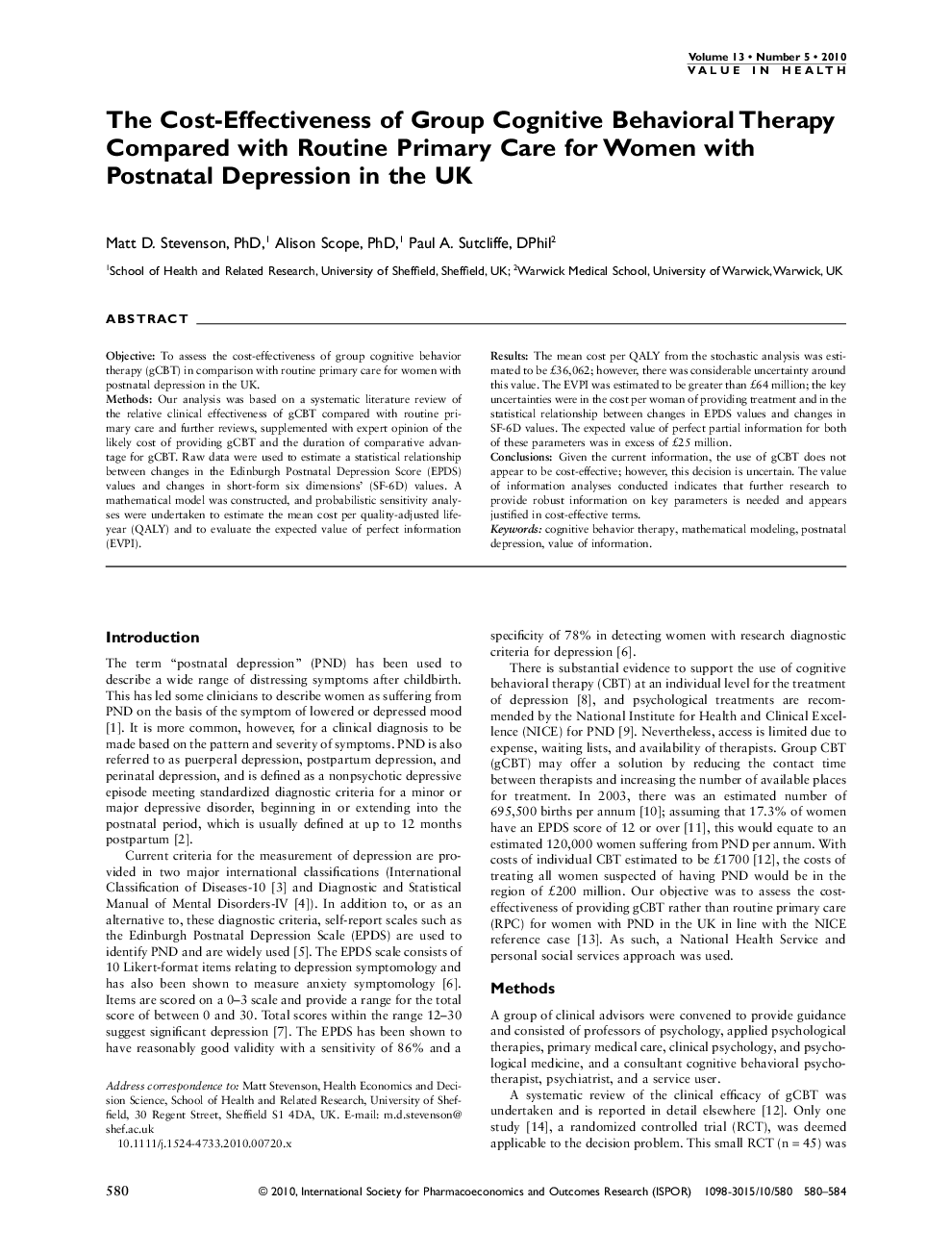 The Cost-Effectiveness of Group Cognitive Behavioral Therapy Compared with Routine Primary Care for Women with Postnatal Depression in the UK