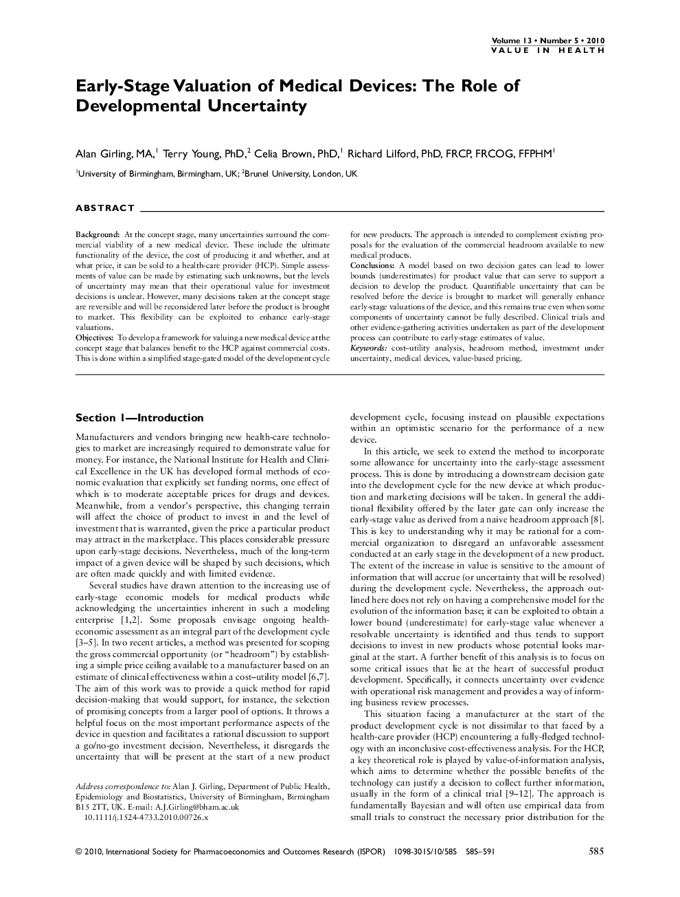 Early-Stage Valuation of Medical Devices: The Role of Developmental Uncertainty