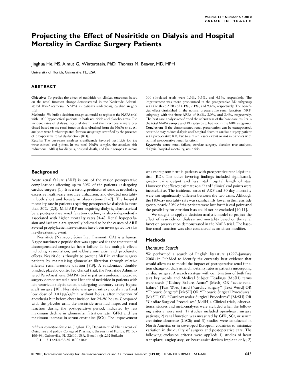 Projecting the Effect of Nesiritide on Dialysis and Hospital Mortality in Cardiac Surgery Patients