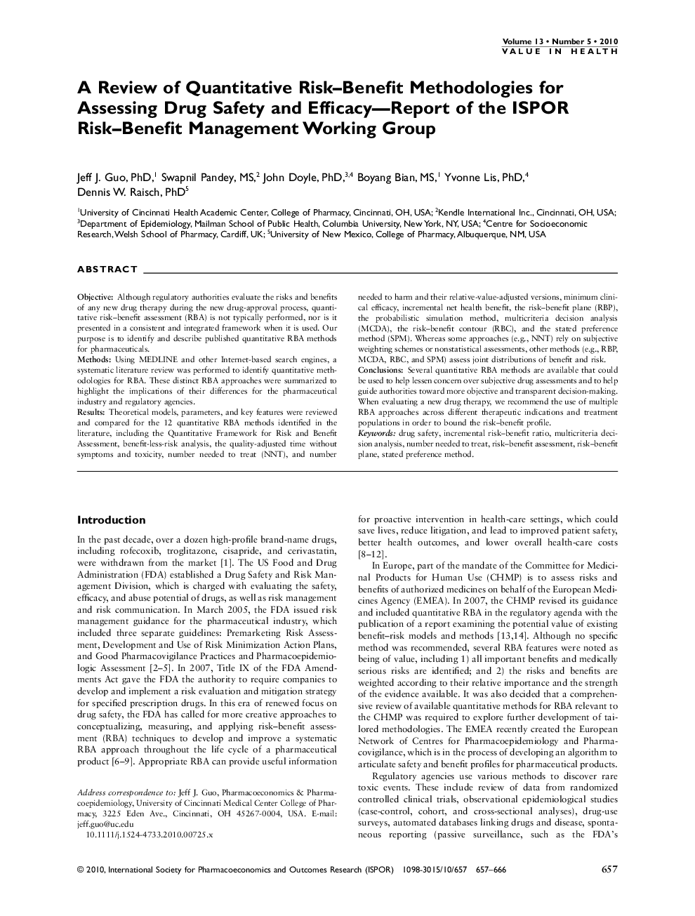 A Review of Quantitative Risk–Benefit Methodologies for Assessing Drug Safety and Efficacy—Report of the ISPOR Risk–Benefit Management Working Group