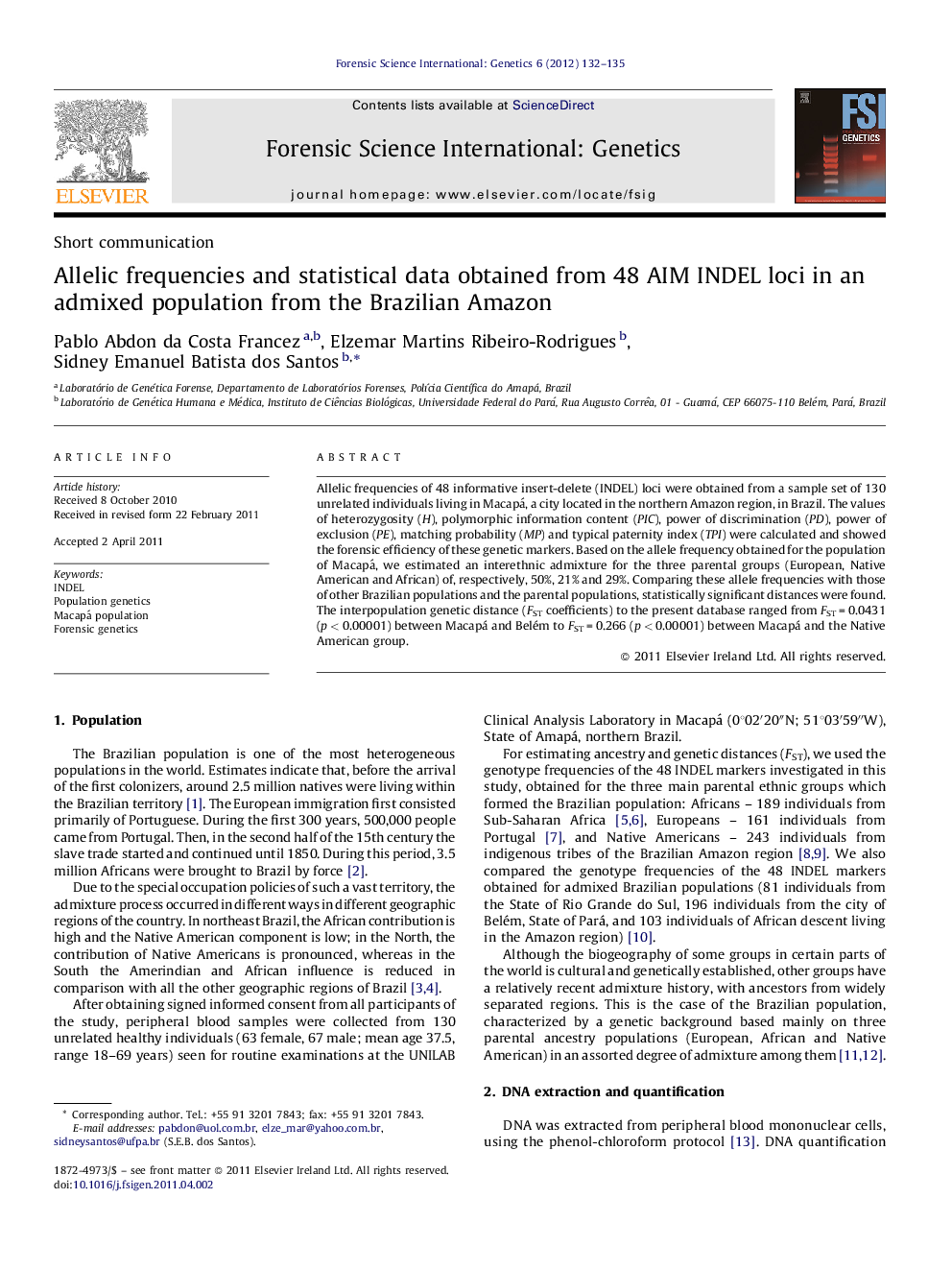 Allelic frequencies and statistical data obtained from 48 AIM INDEL loci in an admixed population from the Brazilian Amazon