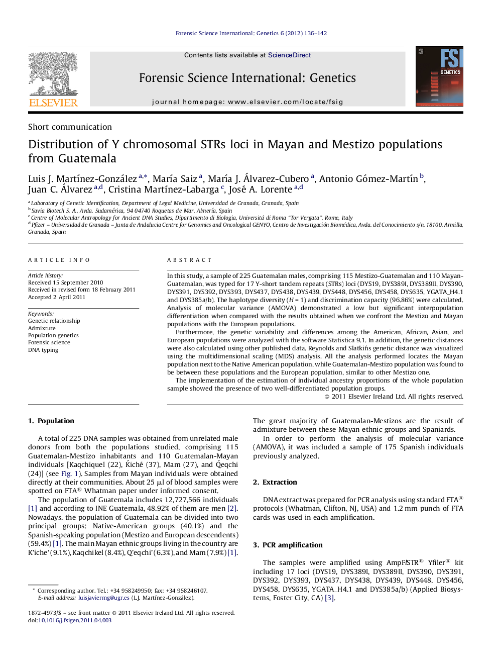 Distribution of Y chromosomal STRs loci in Mayan and Mestizo populations from Guatemala