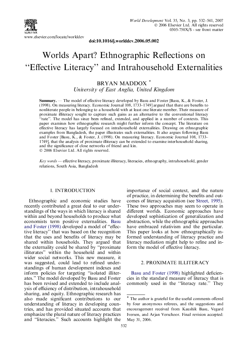 Worlds Apart? Ethnographic Reflections on “Effective Literacy” and Intrahousehold Externalities