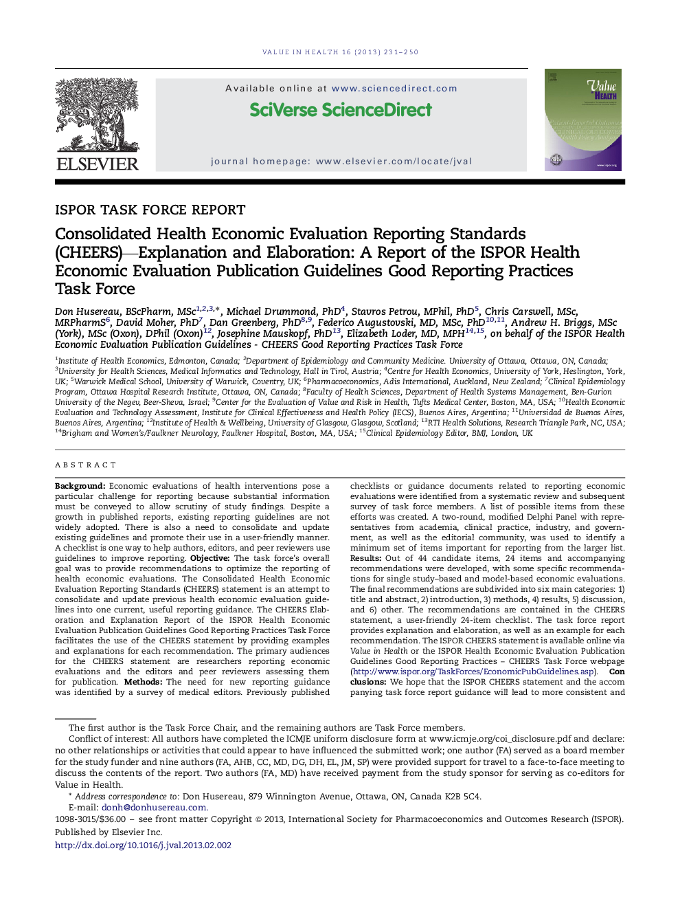 Consolidated Health Economic Evaluation Reporting Standards (CHEERS)—Explanation and Elaboration: A Report of the ISPOR Health Economic Evaluation Publication Guidelines Good Reporting Practices Task Force 