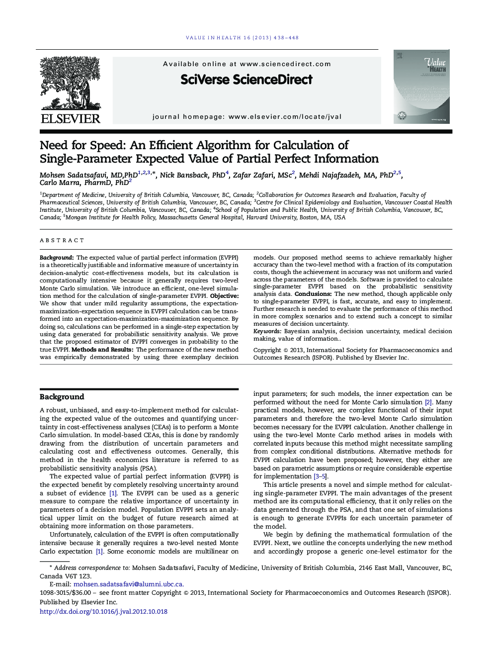 Need for Speed: An Efficient Algorithm for Calculation of Single-Parameter Expected Value of Partial Perfect Information