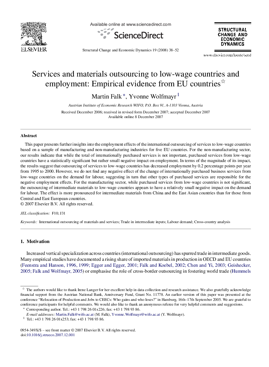 Services and materials outsourcing to low-wage countries and employment: Empirical evidence from EU countries 