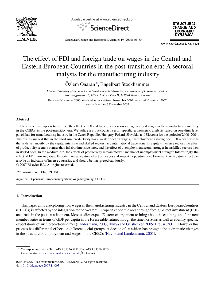 The effect of FDI and foreign trade on wages in the Central and Eastern European Countries in the post-transition era: A sectoral analysis for the manufacturing industry