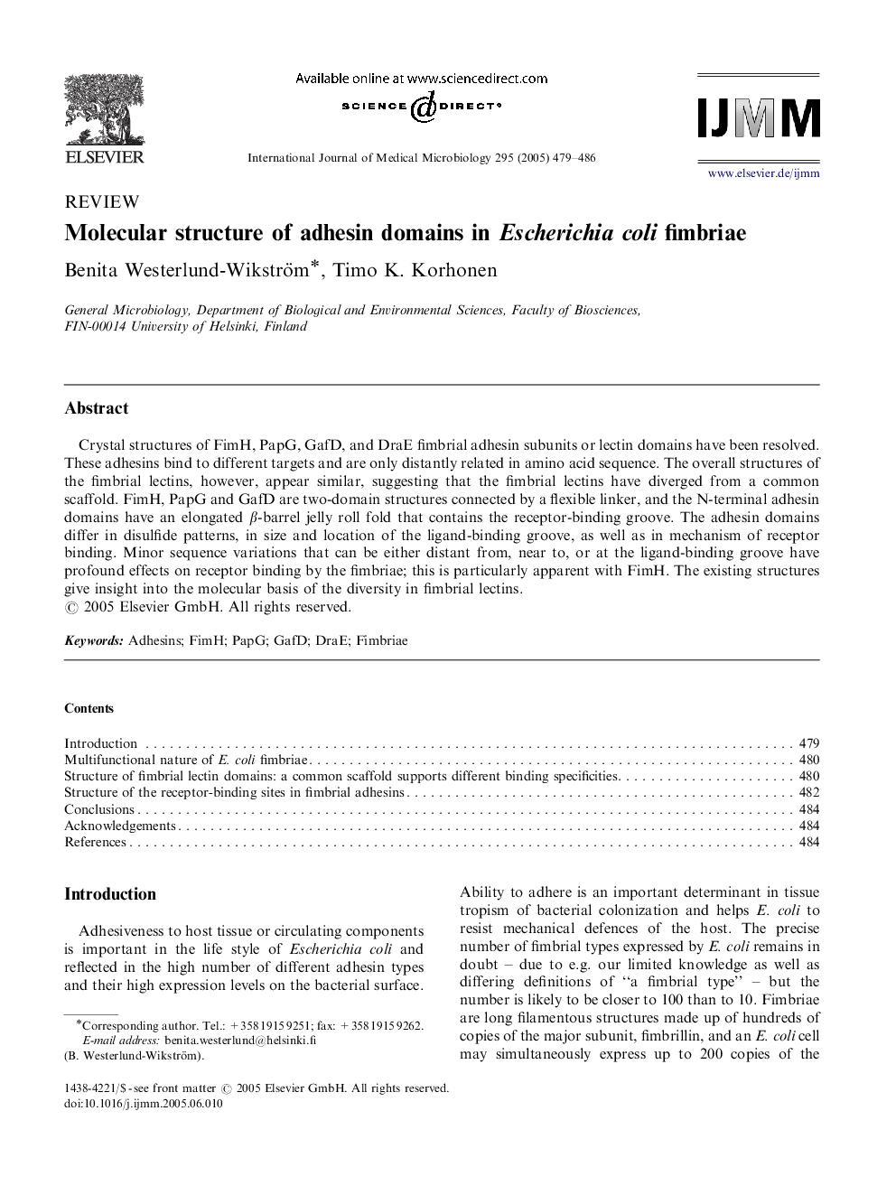 Molecular structure of adhesin domains in Escherichia coli fimbriae