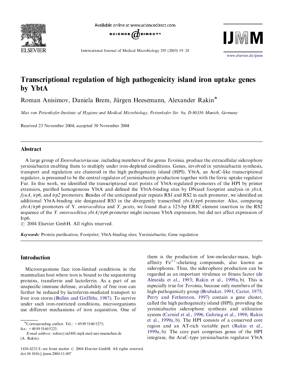 Transcriptional regulation of high pathogenicity island iron uptake genes by YbtA