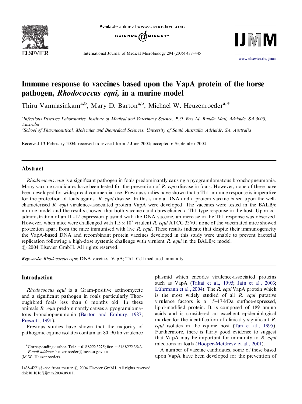 Immune response to vaccines based upon the VapA protein of the horse pathogen, Rhodococcus equi, in a murine model