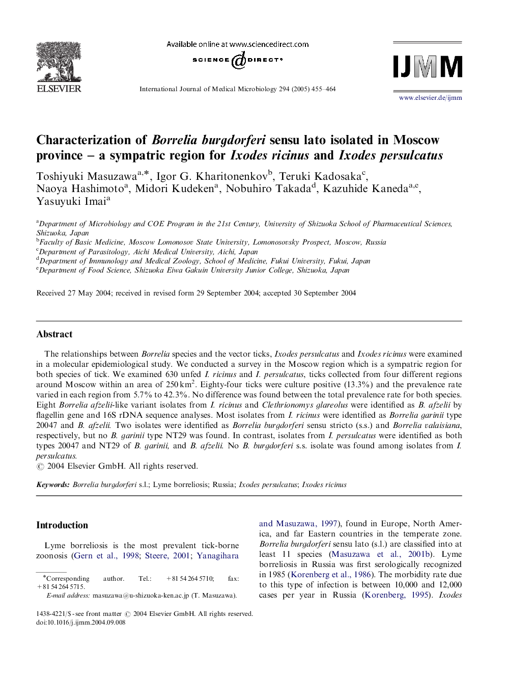 Characterization of Borrelia burgdorferi sensu lato isolated in Moscow province - a sympatric region for Ixodes ricinus and Ixodes persulcatus