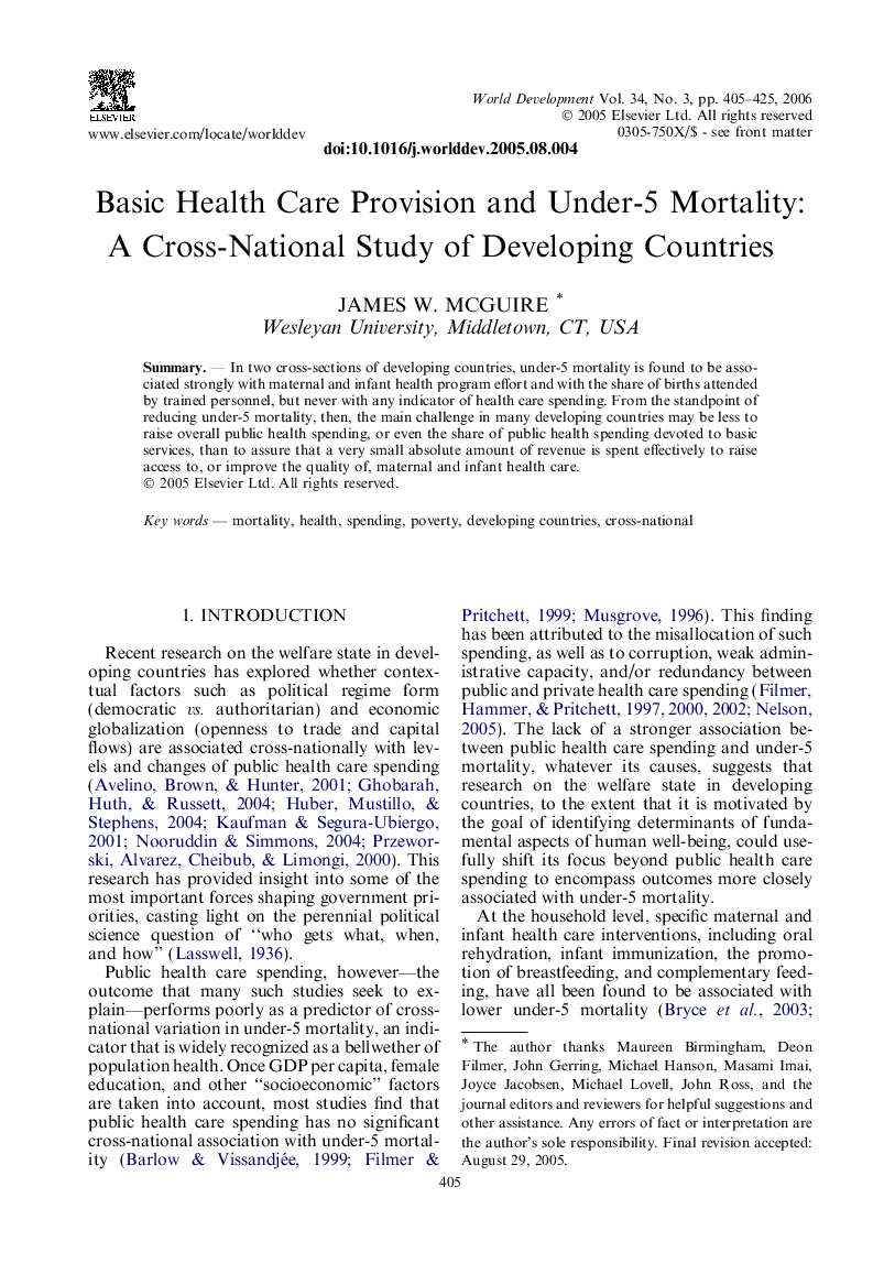 Basic health care provision and under-5 mortality: A Cross-National study of developing Countries