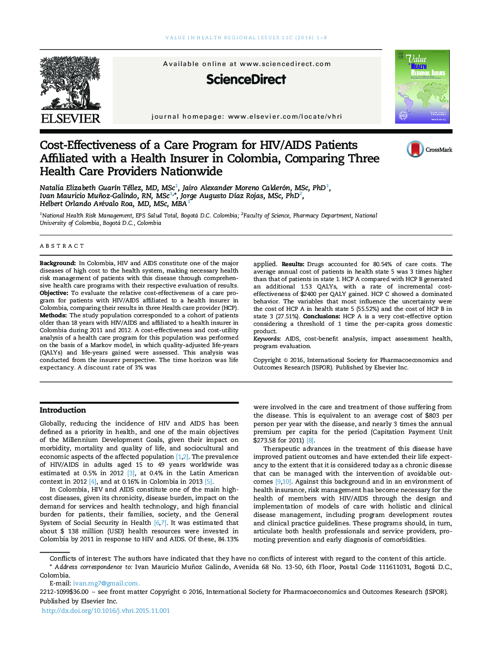 Cost-Effectiveness of a Care Program for HIV/AIDS Patients Affiliated with a Health Insurer in Colombia, Comparing Three Health Care Providers Nationwide 