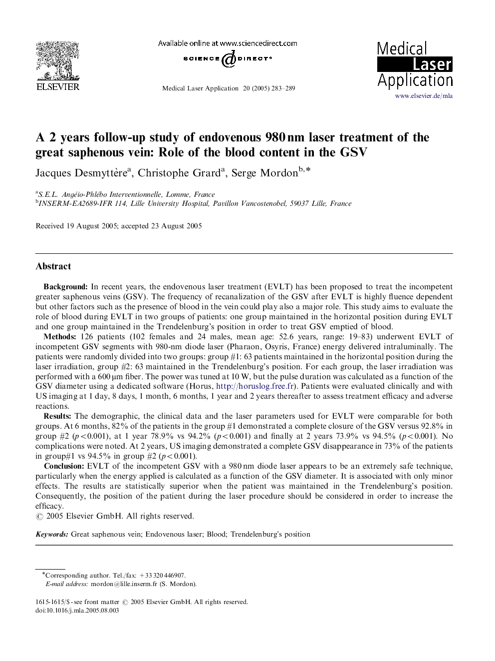 A 2 years follow-up study of endovenous 980Â nm laser treatment of the great saphenous vein: Role of the blood content in the GSV