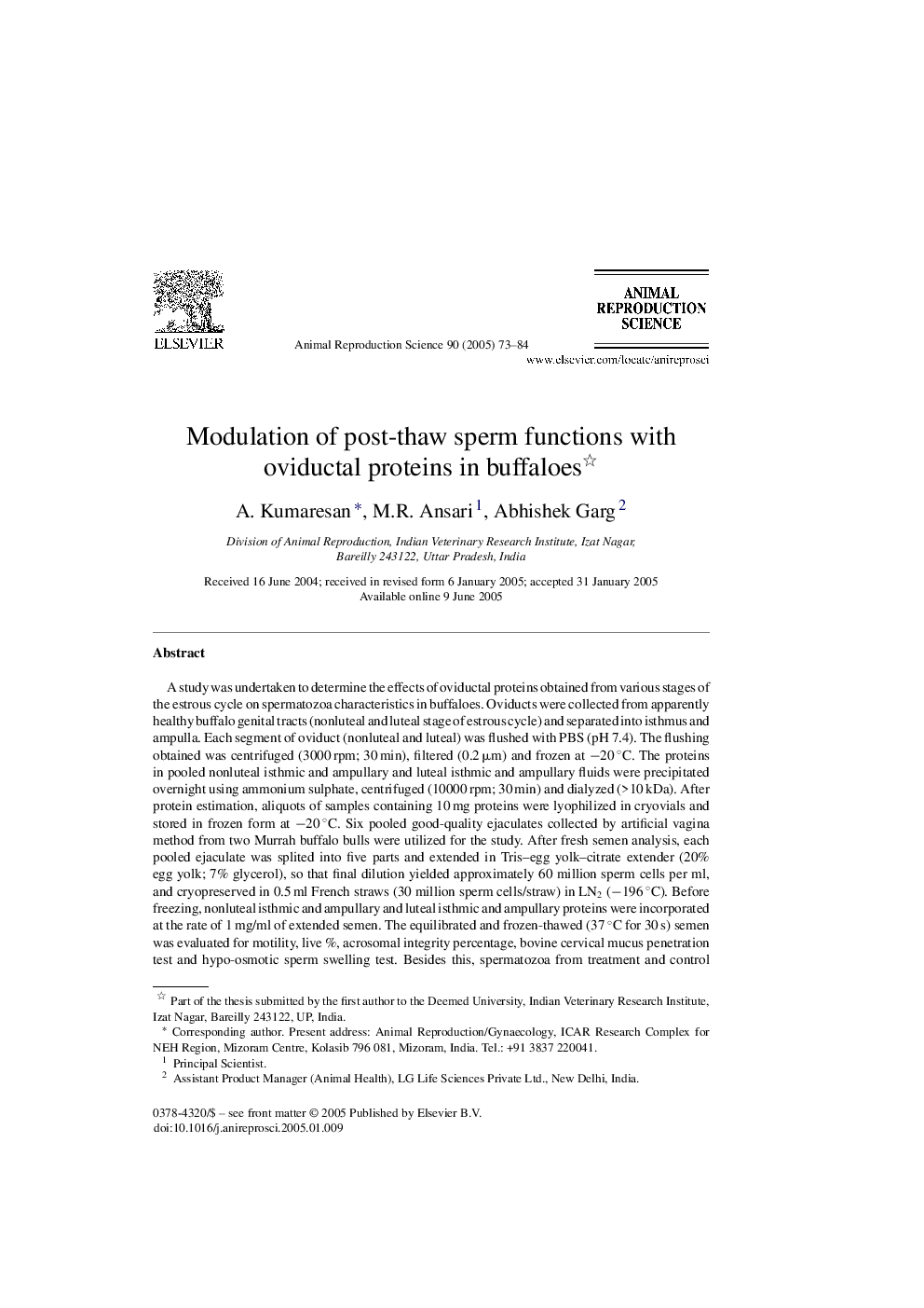 Modulation of post-thaw sperm functions with oviductal proteins in buffaloes