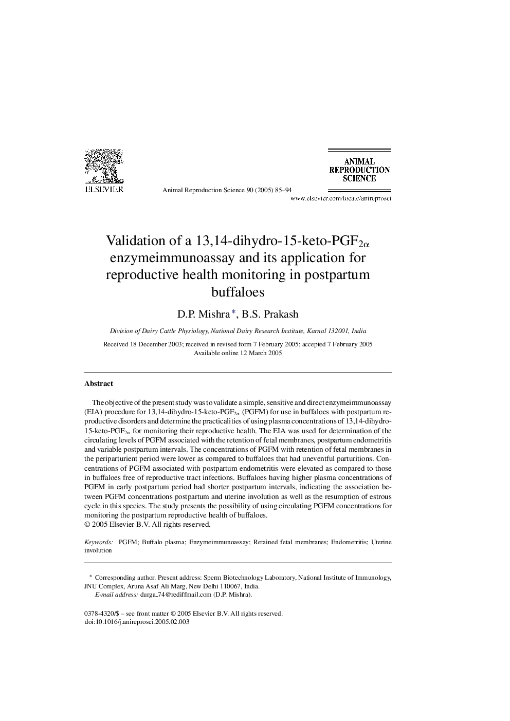 Validation of a 13,14-dihydro-15-keto-PGF2Î± enzymeimmunoassay and its application for reproductive health monitoring in postpartum buffaloes