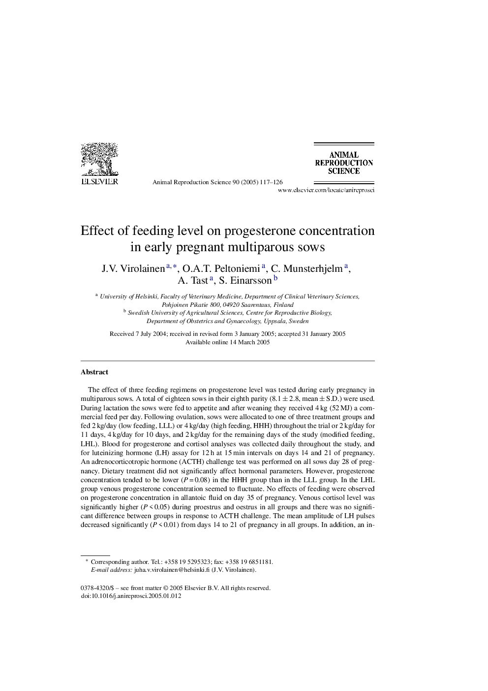 عکس صفحه اول مقاله: Effect of feeding level on progesterone concentration in early pregnant multiparous sows Effect of feeding level on progesterone concentration in early pregnant multiparous sows
