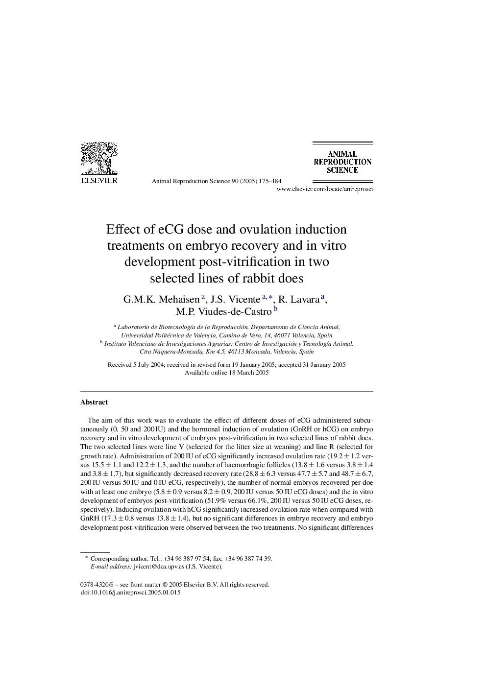 Effect of eCG dose and ovulation induction treatments on embryo recovery and in vitro development post-vitrification in two selected lines of rabbit does