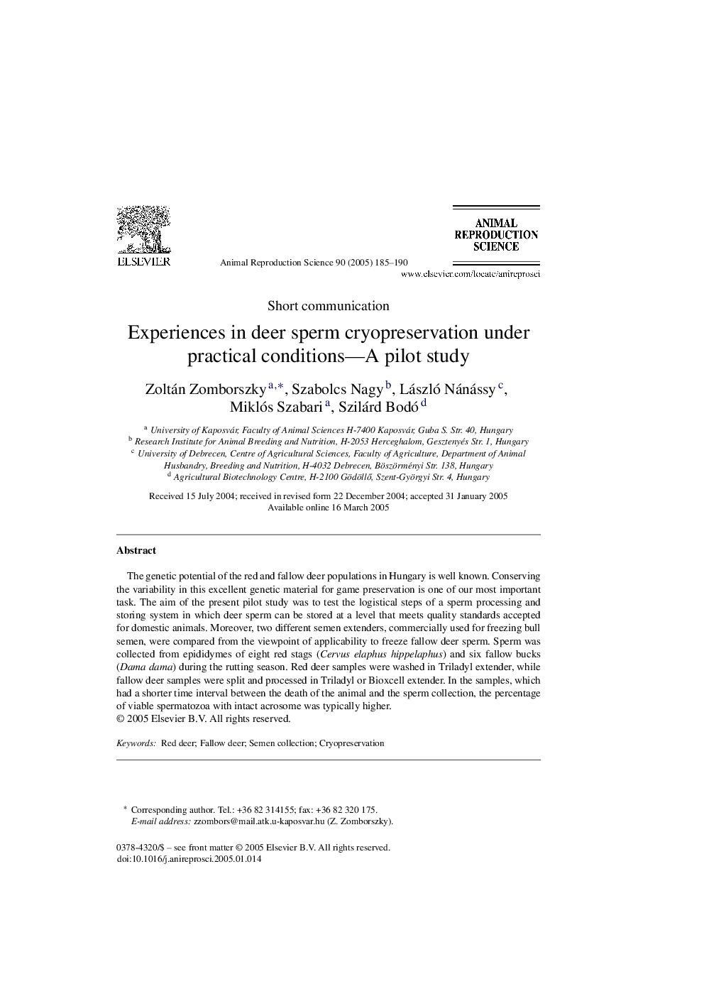 Experiences in deer sperm cryopreservation under practical conditions-A pilot study