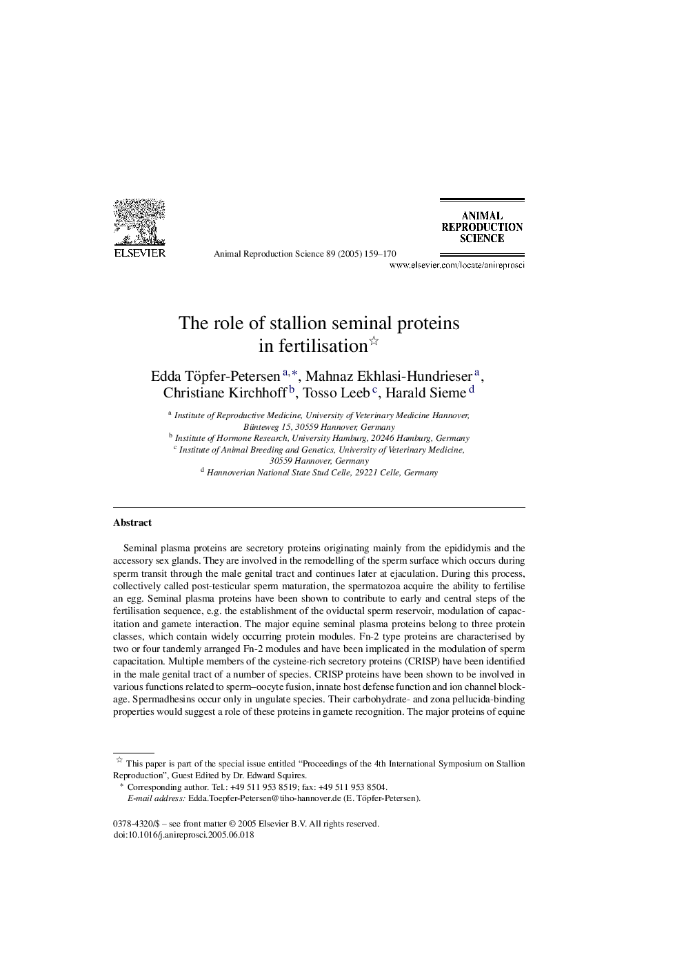 The role of stallion seminal proteins in fertilisation