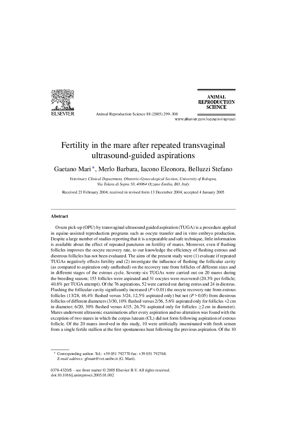 Fertility in the mare after repeated transvaginal ultrasound-guided aspirations