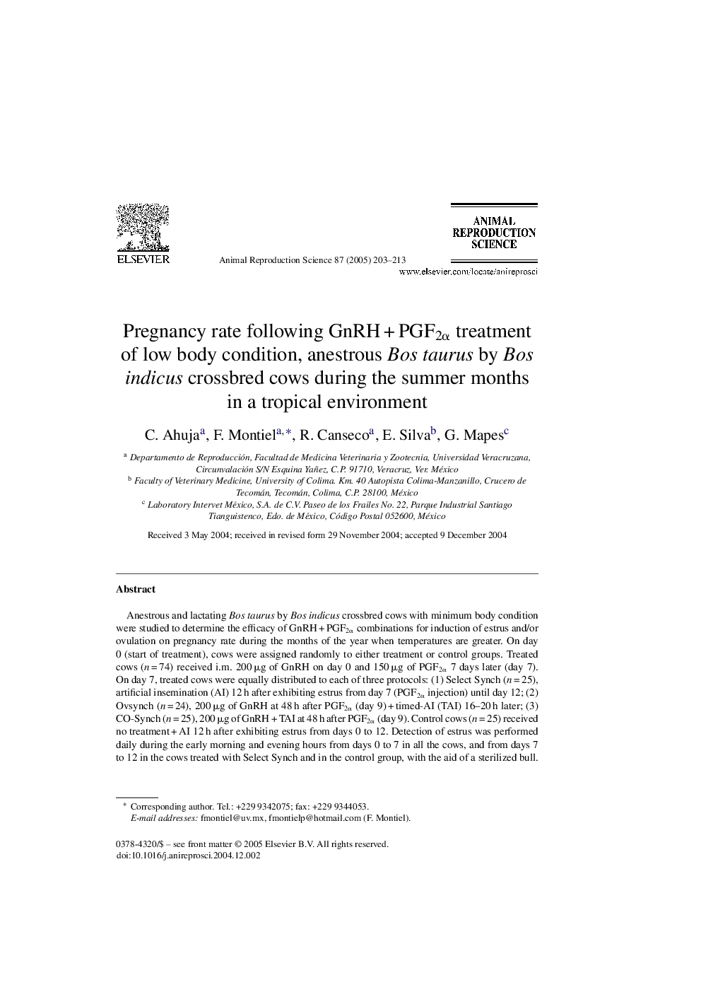 Pregnancy rate following GnRHÂ +Â PGF2Î± treatment of low body condition, anestrous Bos taurus by Bos indicus crossbred cows during the summer months in a tropical environment