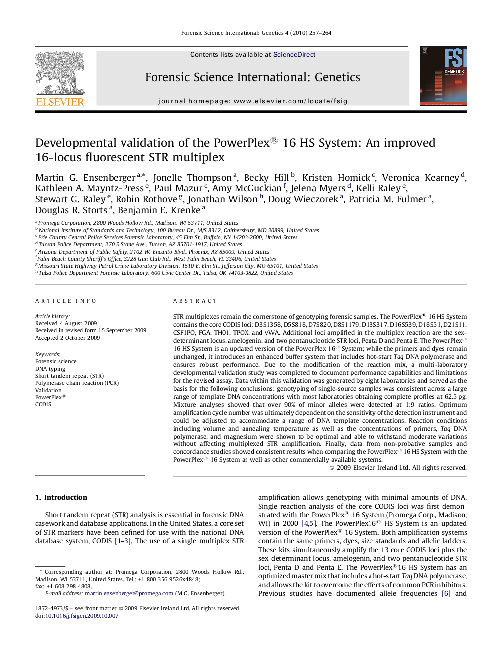 Developmental validation of the PowerPlex® 16 HS System: An improved 16-locus fluorescent STR multiplex