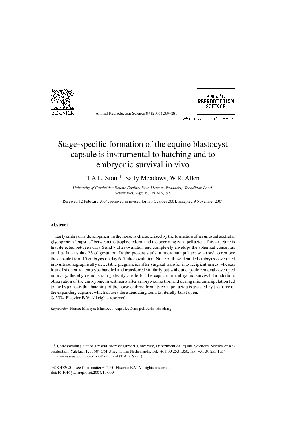 عکس صفحه اول مقاله: Stage-specific formation of the equine blastocyst capsule is instrumental to hatching and to embryonic survival in vivo Stage-specific formation of the equine blastocyst capsule is instrumental to hatching and to embryonic survival in vivo
