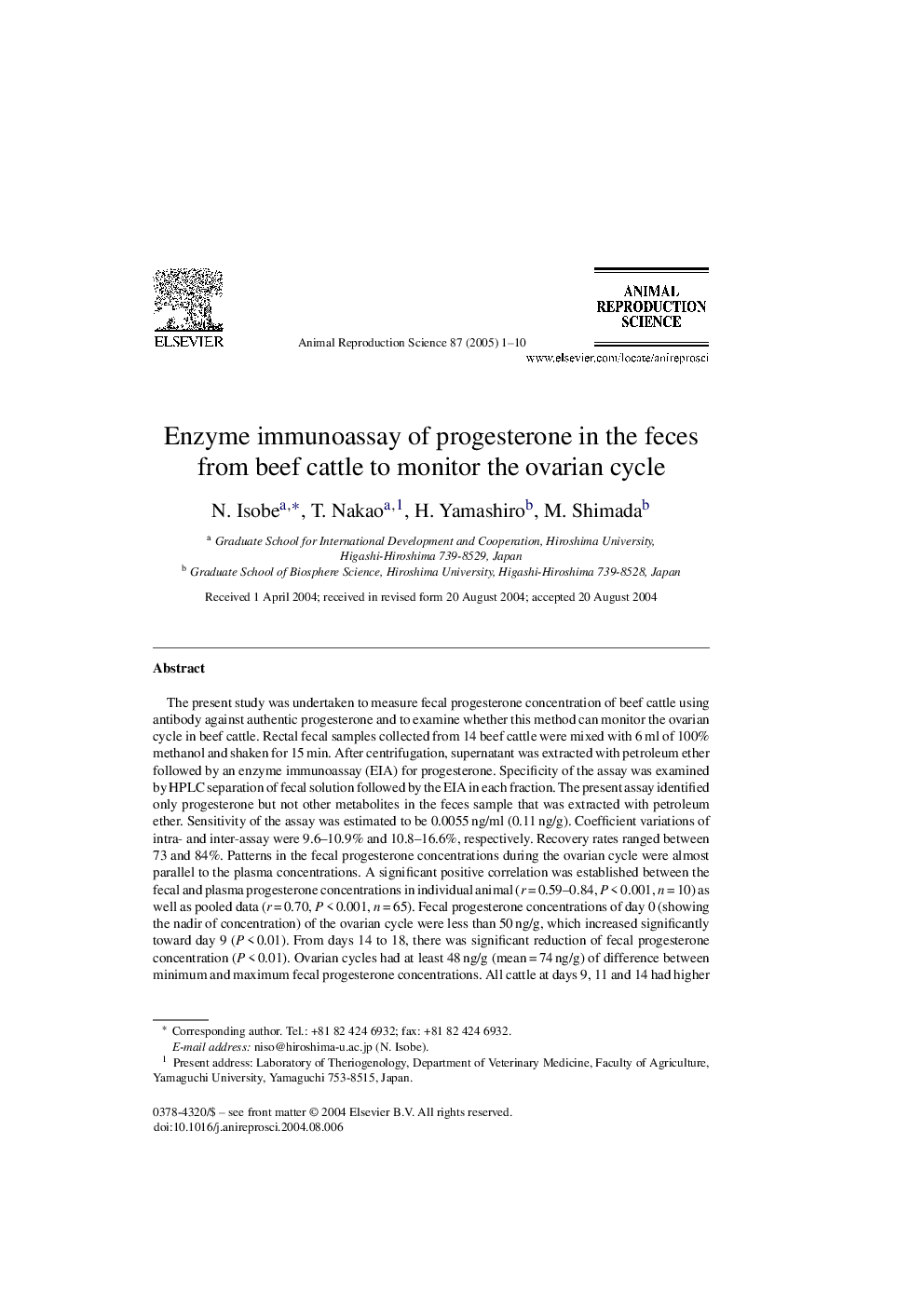 Enzyme immunoassay of progesterone in the feces from beef cattle to monitor the ovarian cycle