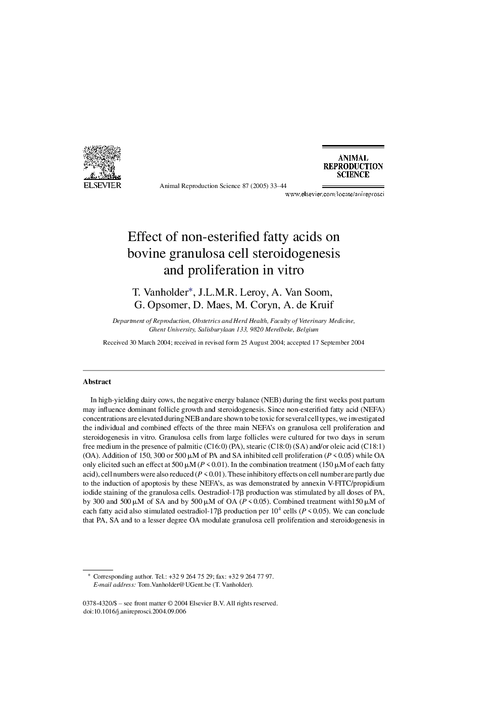 Effect of non-esterified fatty acids on bovine granulosa cell steroidogenesis and proliferation in vitro