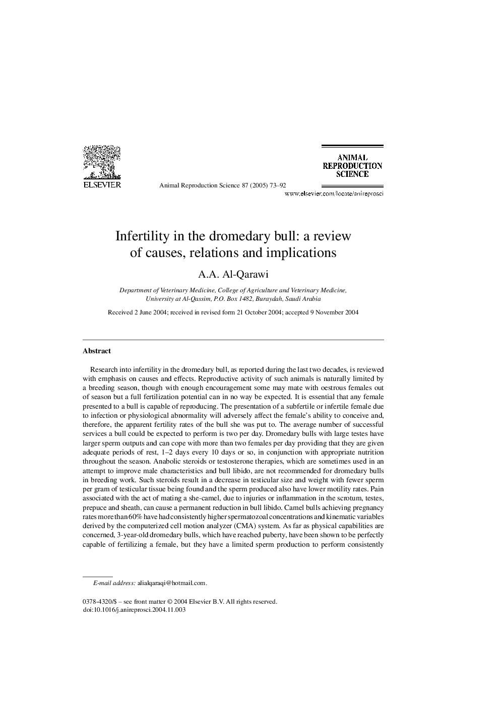 Infertility in the dromedary bull: a review of causes, relations and implications