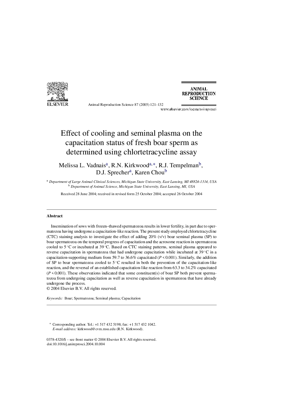 Effect of cooling and seminal plasma on the capacitation status of fresh boar sperm as determined using chlortetracycline assay