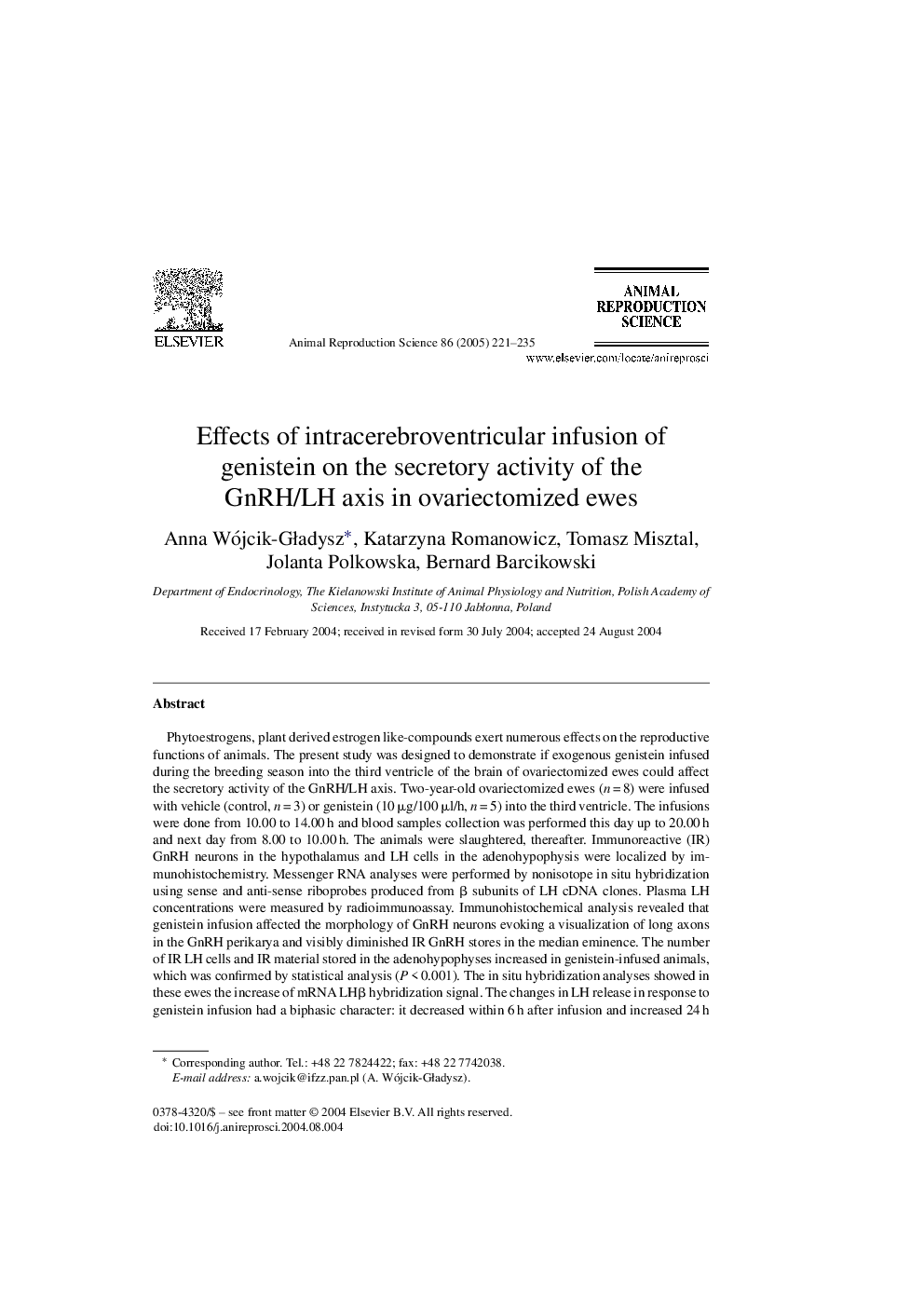 Effects of intracerebroventricular infusion of genistein on the secretory activity of the GnRH/LH axis in ovariectomized ewes