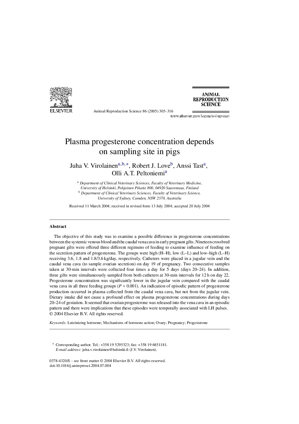 Plasma progesterone concentration depends on sampling site in pigs