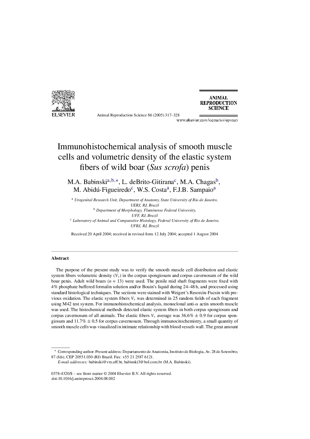 Immunohistochemical analysis of smooth muscle cells and volumetric density of the elastic system fibers of wild boar (Sus scrofa) penis