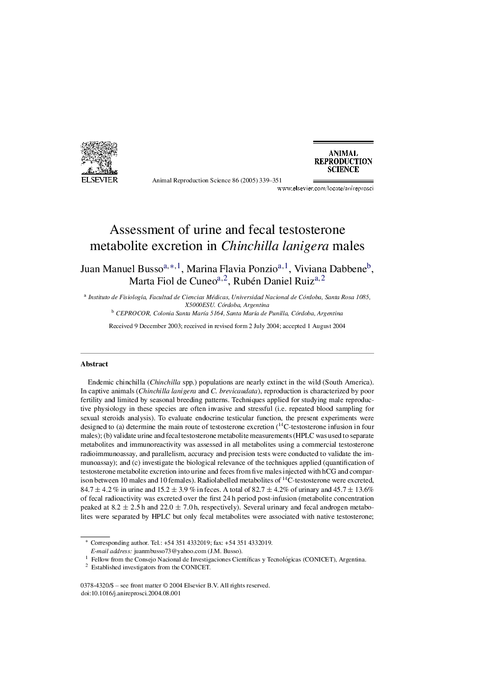 Assessment of urine and fecal testosterone metabolite excretion in Chinchilla lanigera males