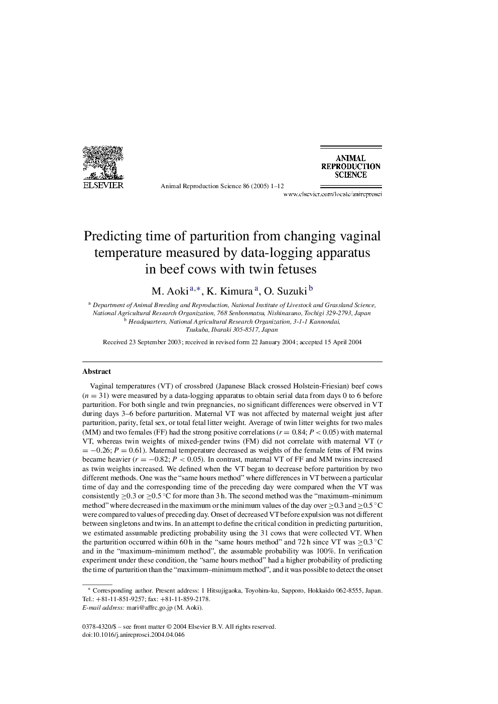 عکس صفحه اول مقاله: Predicting time of parturition from changing vaginal temperature measured by data-logging apparatus in beef cows with twin fetuses Predicting time of parturition from changing vaginal temperature measured by data-logging apparatus in beef cows with twin fetuses