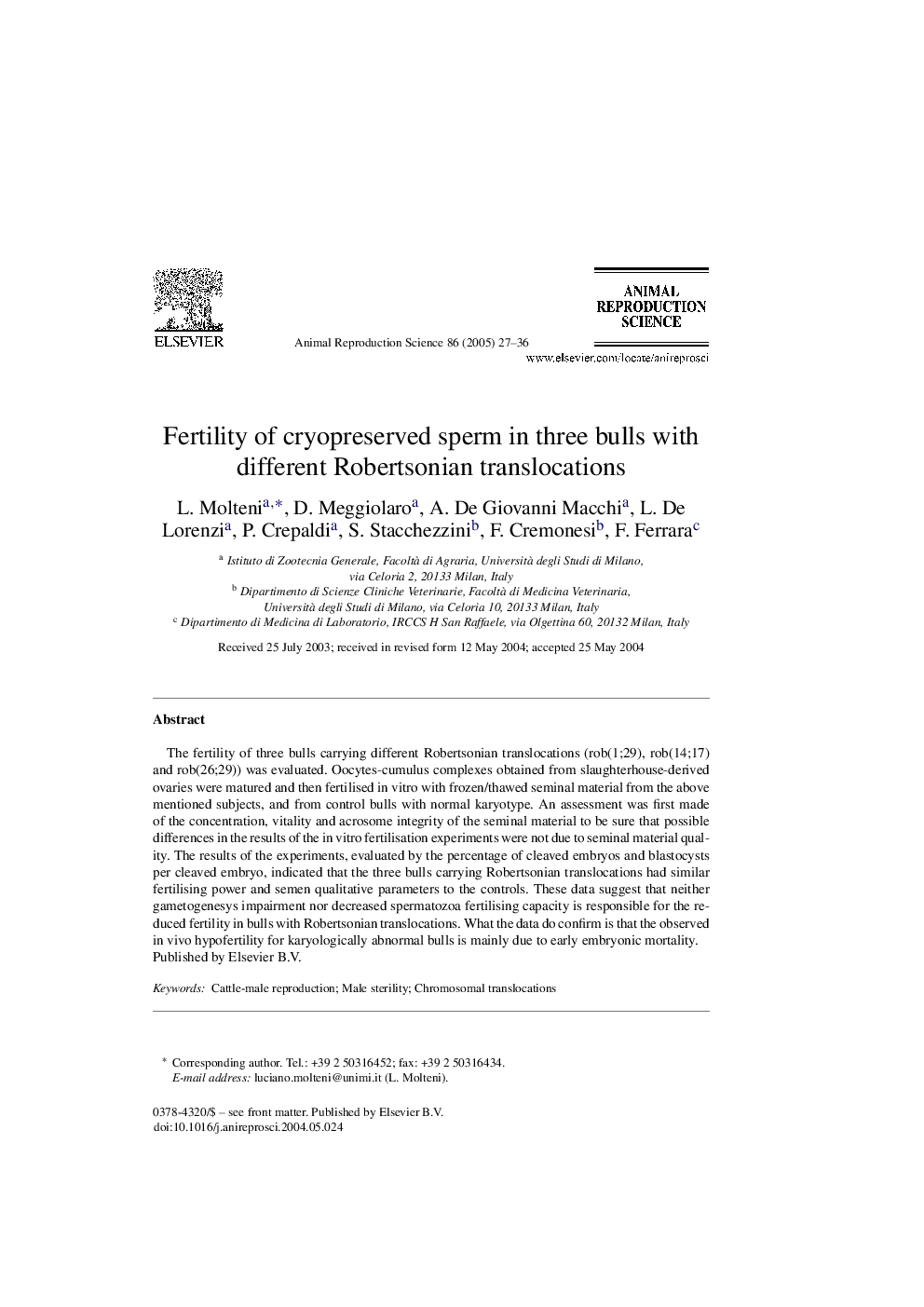 Fertility of cryopreserved sperm in three bulls with different Robertsonian translocations