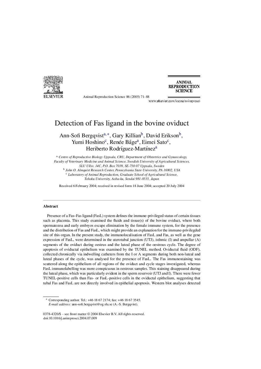 Detection of Fas ligand in the bovine oviduct