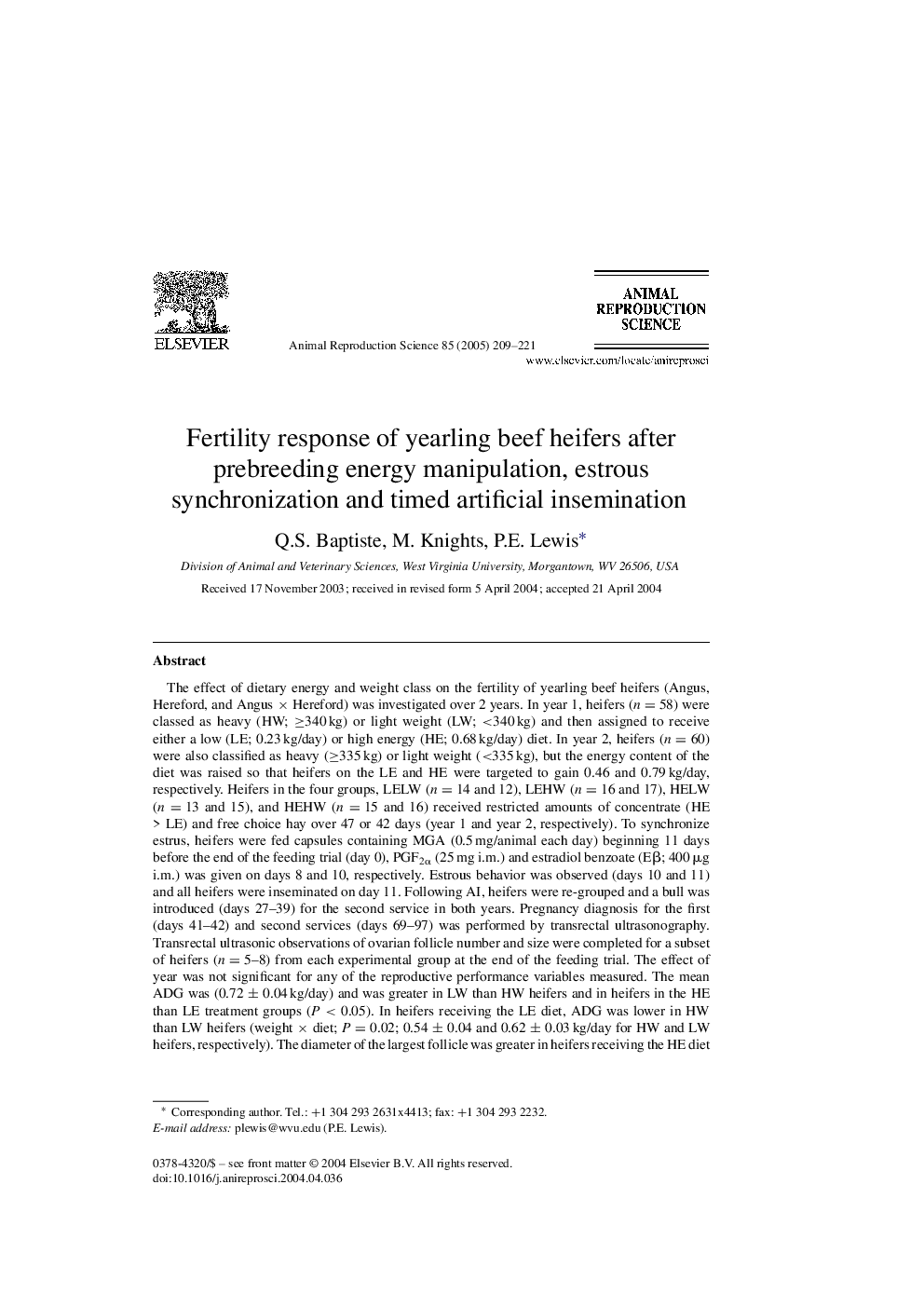 Fertility response of yearling beef heifers after prebreeding energy manipulation, estrous synchronization and timed artificial insemination