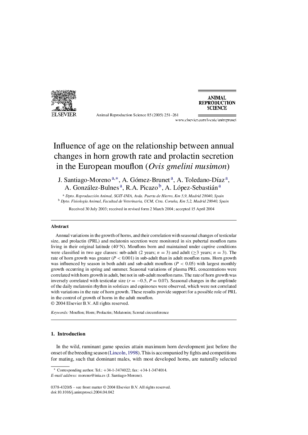 Influence of age on the relationship between annual changes in horn growth rate and prolactin secretion in the European mouflon (Ovis gmelini musimon)