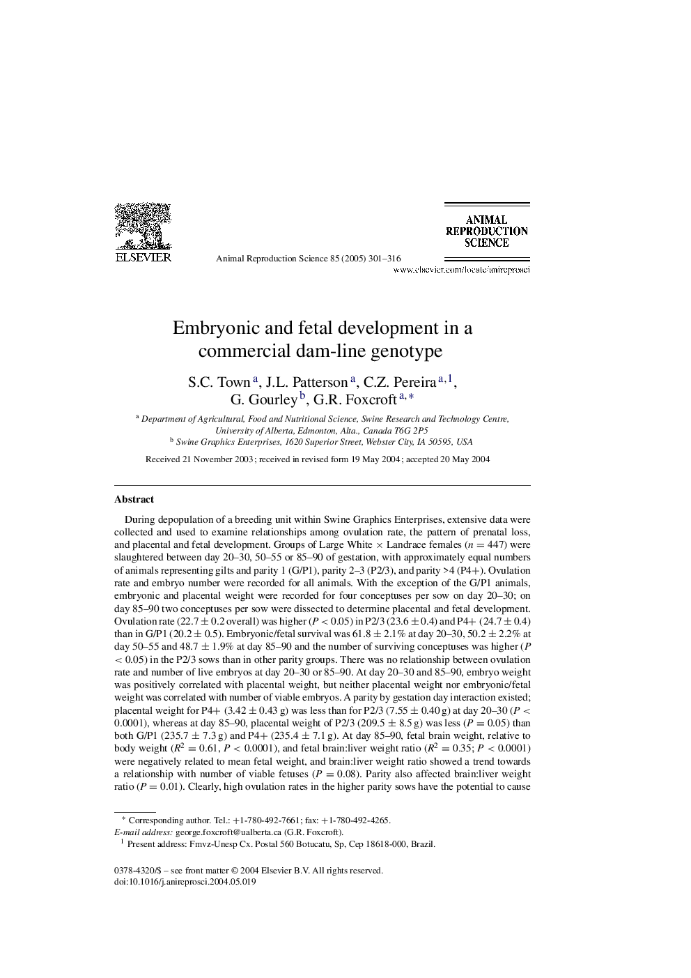 Embryonic and fetal development in a commercial dam-line genotype