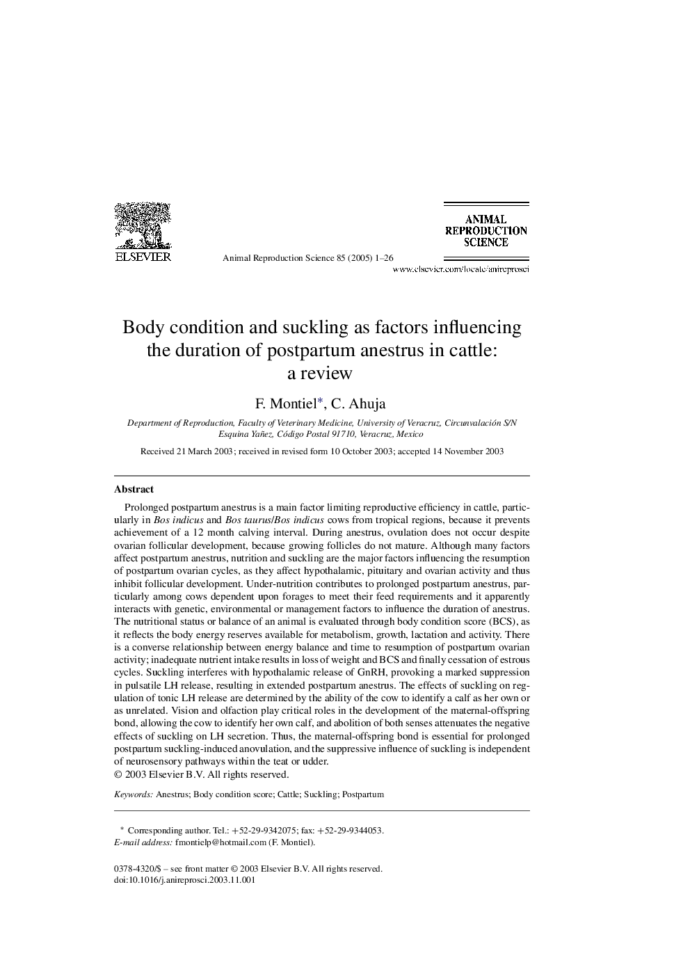 Body condition and suckling as factors influencing the duration of postpartum anestrus in cattle: a review