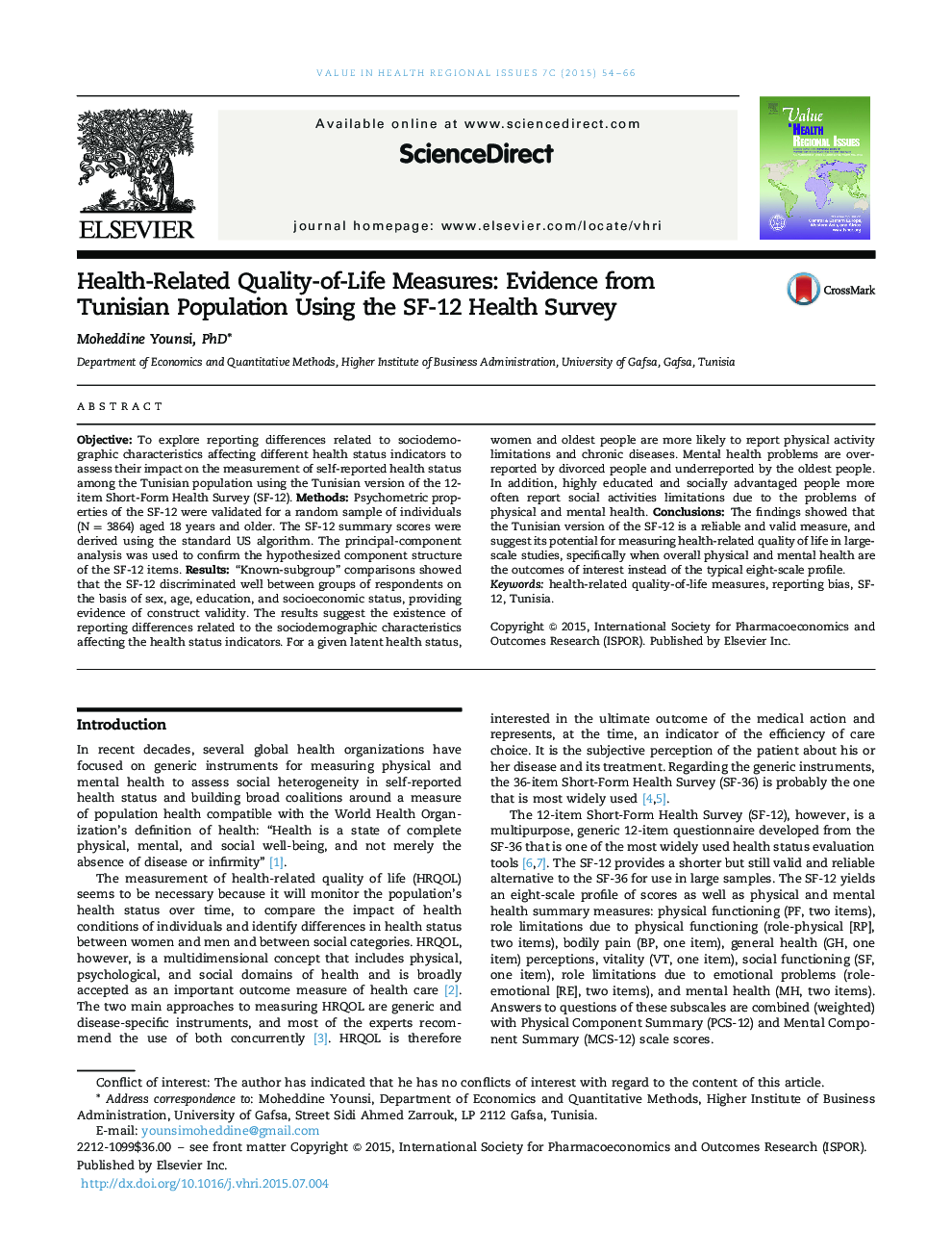 Health-Related Quality-of-Life Measures: Evidence from Tunisian Population Using the SF-12 Health Survey 