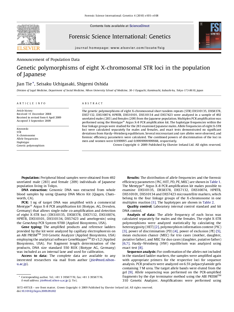 Genetic polymorphisms of eight X-chromosomal STR loci in the population of Japanese