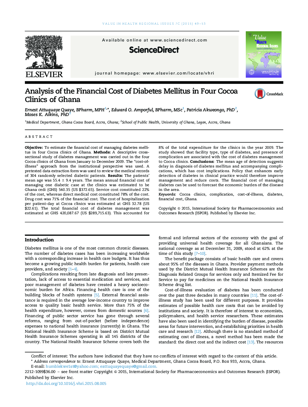 Analysis of the Financial Cost of Diabetes Mellitus in Four Cocoa Clinics of Ghana 