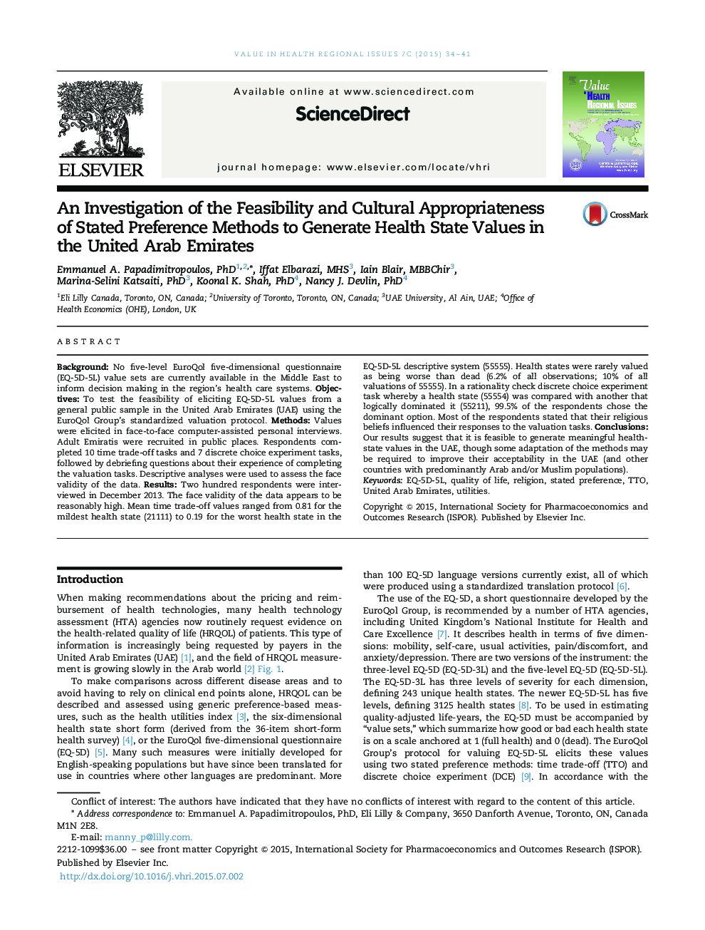 An Investigation of the Feasibility and Cultural Appropriateness of Stated Preference Methods to Generate Health State Values in the United Arab Emirates 